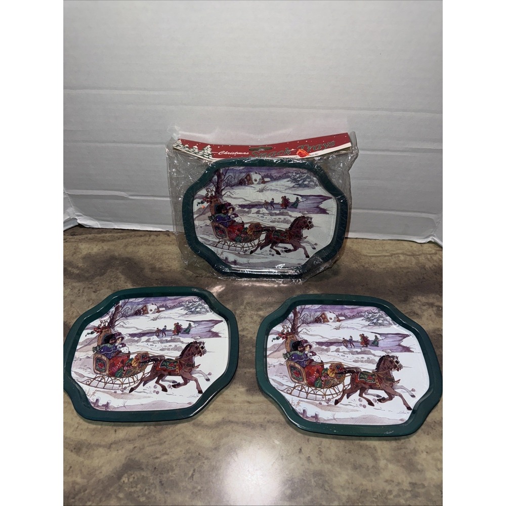 Vintage Tin Metal Snack trays, cookie plates Winter Sleigh Ride ,nos